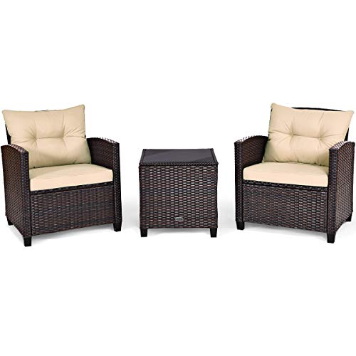 HaoChrymec 3-teiliges Terrassen-Set mit Rattan und Sitzkissen, Gartenmöbel Set mit Couchtisch, Modernes Balkon Möbel Set, Für Outdoor, Gelb + Braun, 67 x 67 x 76 cm, 50 x 50 x 50 cm von HaoChrymec