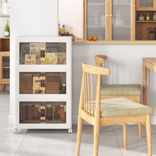 HaoChrymec 3er Set Stapelbare Aufbewahrungsboxen mit Deckel & Türen, Faltbare Aufbewahrungsbehälter mit Rollen, 44,5 x 30 x 77,5 cm, Weiß + Braun von HaoChrymec