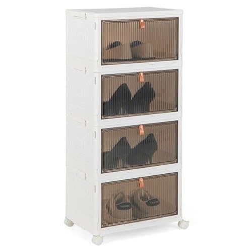 HaoChrymec 4-Ebenen Aufbewahrungsboxen mit Deckel, Magnetischen Transparenten Türen und Rollen, Stapelbar, Weiß und Braun, 40 x 37.5 x 83.5 cm von HaoChrymec