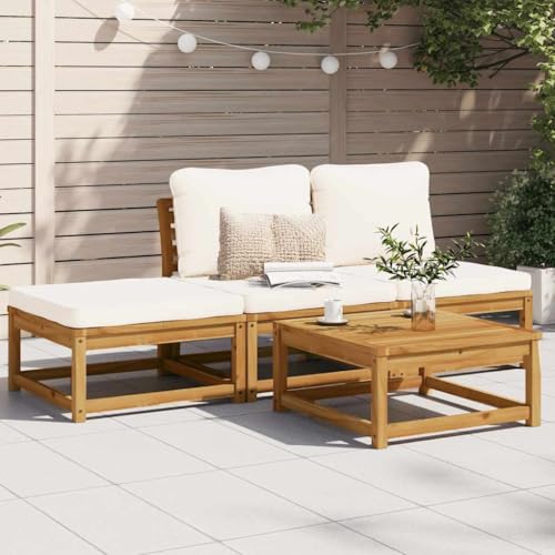 HaoChrymec 4-TLG. Garten-Lounge-Set mit Kissen, Massivholz Akazie, Modulares Design, Bequemes Sitzerlebnis, Gartenbank, Gartensofa, Outdoor Möbel, Cremeweiße Kissen, 63 x 63 x 30 cm von HaoChrymec