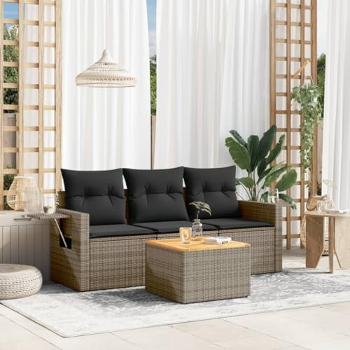 HaoChrymec 4-TLG. Garten-Sofagarnitur mit Kissen Grau Poly Rattan, Modulares Design, Praktische Beistelltische, Outdoor Couch, Gartensofa, Sitzgruppe Outdoor, 55 x 55 x 37 cm von HaoChrymec