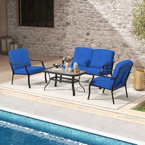 HaoChrymec 4-Teiliges Gartenmöbel Set mit Metallrahmen, Sitz-, Rücken- & Taillenkissen, Balkon Möbel Set, Terrassenmöbel Außen, Blau, 122 x 76 x 74 cm, 66 x 76 x 74 cm, 97 x 56 x 49 cm HaoChrymec 4-Teiliges Gartenmöbel Set mit Metallrahmen, Sitz-, Rücken- & Taillenkissen, Balkon Möbel Set, Terrassenmöbel Außen, Blau, 122 x 76 x 74 cm, 66 x 76 x 74 cm, 97 x 56 x 49 cm von HaoChrymec