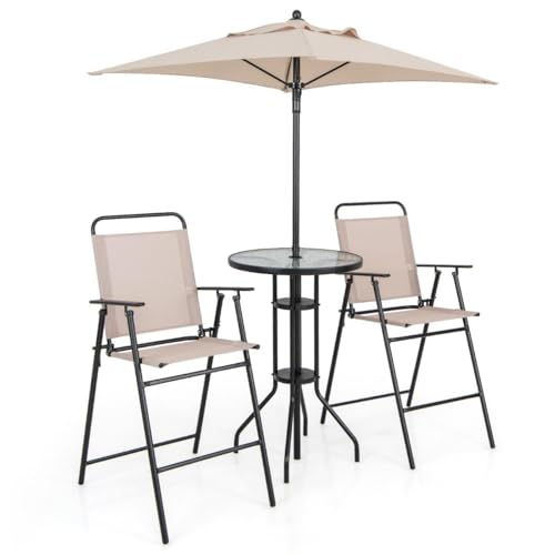 HaoChrymec 4-Teiliges Outdoor Bar-Set mit Runder Glasplatte, 2 Klappbare Barhocker, Sonnenschirm, Witterungsbeständig, Für Balkon, Terrasse oder Garten, Beige, 60 x 60 x 92 cm von HaoChrymec