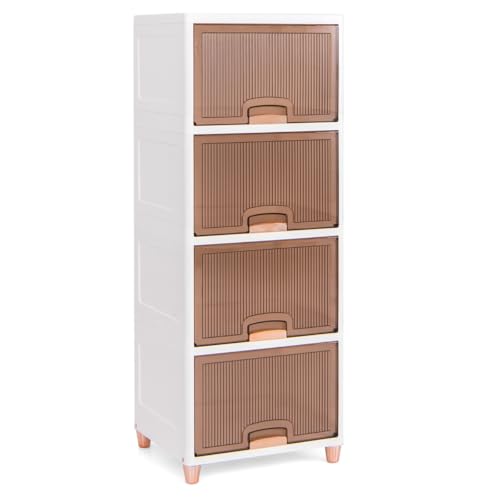 HaoChrymec 4er Set Stapelbare Aufbewahrungsboxen mit Magnetischen Türen, 150 L Kapazität, Kunststoffbox mit Deckel, Durchsichtige Frontdeckel, Platzsparendes Design, Weiß, 45 x 38 x 117 cm von HaoChrymec