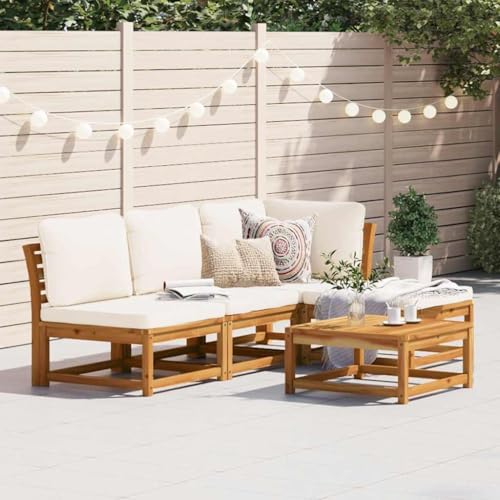 HaoChrymec 5-TLG. Garten-Lounge-Set mit Kissen, Massivholz Akazie, Modular Design, Bequemes Sitzerlebnis, Gartenbank, Gartensofa, Outdoor Möbel, Cremeweiße Kissen, 73 x 73 x 65 cm von HaoChrymec