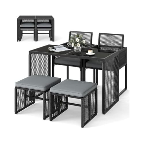HaoChrymec 5tlg. Rattan Gartenmöbel Set mit 2 Stühlen, Kissen, Hocker & Tisch, Platzsparendes Gartenset für Balkon und Terrasse, Schwarz, 114 x 56 x 71 cm von HaoChrymec