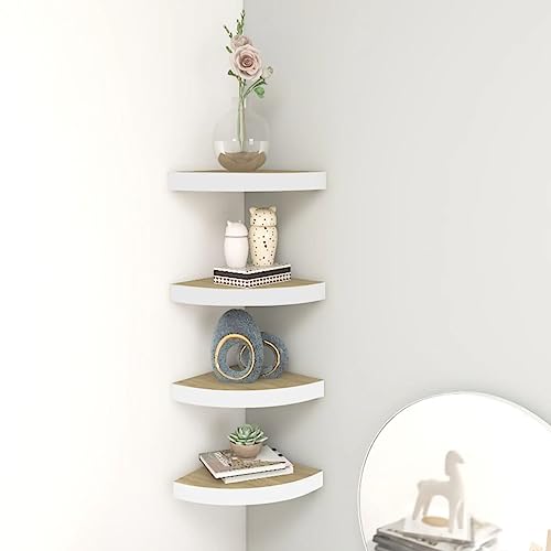 HaoChrymec Eck-Schweberegale mit 4 STK., Floating Shelves aus MDF, Eichen-Optik und Weiß, Eckregal Hängend, Regal Wand, Eckregal Küche, 25 x 25 x 3.8 cm, 5 kg Belastbarkeit von HaoChrymec
