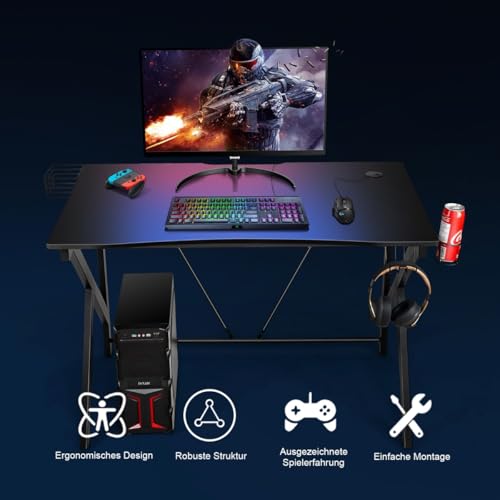 HaoChrymec Gaming-Schreibtisch mit K-förmiger Struktur, Ergonomischer PC Schreibtisch mit Videoablage, Becherhalter und Kopfhörerhaken, für Gaming und Büro, Schwarz, 115 x 73 x 76.5 cm von HaoChrymec