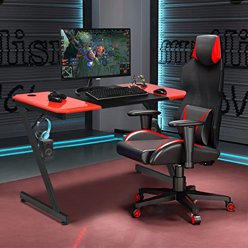 HaoChrymec Gaming Tisch Z-förmig mit Becherhalter, Kopfhörerhaken & Boxenständer, PC Schreibtisch aus MDF, Stabil, Geräumige Gaming-Fläche, Schwarz/Rot, 120 x 60 x 76 cm von HaoChrymec