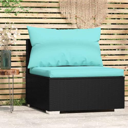 HaoChrymec Garten-Mittelsofa mit Kissen Schwarz, PE-Rattan, Pulverbeschichteter Stahlrahmen, Modulares Lounge Sofa Outdoor, Gartensofa für Terrasse, Meeresblaue Kissen, 70 x 70 x 60.5 cm von HaoChrymec