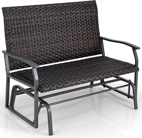 HaoChrymec Gartenbank Polyrattan Schaukelbank mit sanfter Gleitbewegung, 2-Sitzer für Terrasse und Balkon, Sitzbank Outdoor aus Metall und Rattan, Braun, 120 x 80 x 94 cm von HaoChrymec
