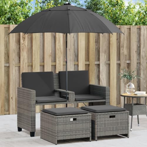 HaoChrymec Gartensofa 2-Sitzer mit Sonnenschirm und Hockern, Grau, PE-Rattan, UV-beständig, Lounge Möbel Outdoor, Balkon Sofa, Gartenmöbel Set, 120 x 61 x 80 cm von HaoChrymec