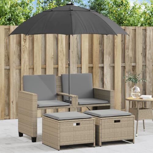 HaoChrymec Gartensofa 2-Sitzer mit Sonnenschirm und Hockern Beige, PE-Rattan, UV-beständig, Lounge Möbel Outdoor, Balkon Sofa, Gartenmöbel Set, 120 x 61 x 80 cm von HaoChrymec