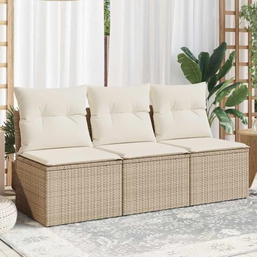 HaoChrymec Gartensofa 3-Sitzer mit Kissen, Beige, Poly Rattan, Stauraum mit Wasserfestem Beutel, Modulares Design, Outdoor Couch, Balkon Sofa, Gartenmöbel Set, 165 x 62 x 69 cm von HaoChrymec