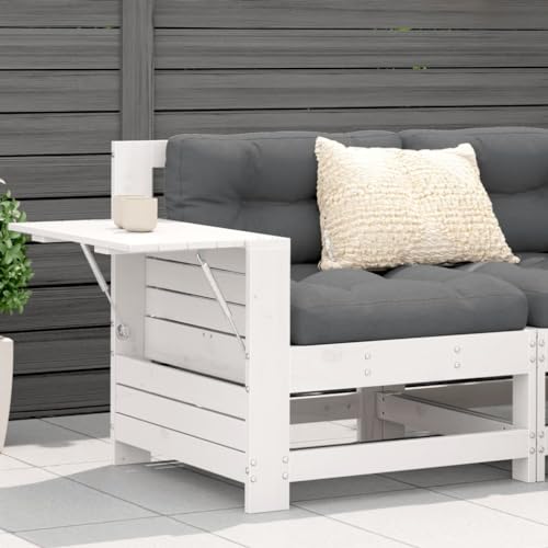 HaoChrymec Gartensofa mit Armlehne und Beistelltisch aus Massivholz Kiefer, Modulares Design, Klappbare Ablagen, Sitzgruppe Outdoor, Balkon Sofa, Outdoor Sofa, Weiß, 69 x 62 x 70.5 cm von HaoChrymec