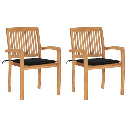 HaoChrymec Gartenstühle 2 STK. aus Massivholz Teak mit Schwarzen Kissen, Stapelbar, Witterungsbeständig, Relaxsessel für Garten, Balkonstuhl, Gartenmöbel Set, 60 x 57.5 x 90 cm von HaoChrymec