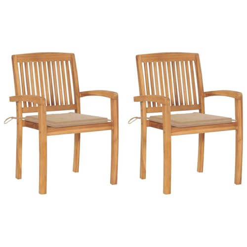 HaoChrymec Gartenstühle 2 STK. mit Beige Kissen, Stapelbar, Massivholz Teak, Witterungsbeständig, Balkon Stuhl, Relaxsessel Garten, Gartenmöbel Set, 60 x 57.5 x 90 cm von HaoChrymec