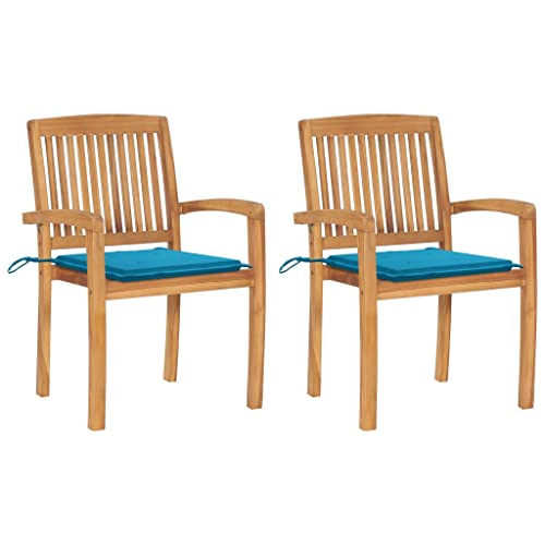 HaoChrymec Gartenstühle 2 STK. mit Blauen Kissen, Massivholz Teak, Witterungsbeständig, Stapelbar, Komfortabel für Terrasse und Balkon, 60 x 57.5 x 90 cm von HaoChrymec