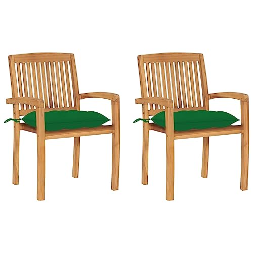 HaoChrymec Gartenstühle 2 STK. mit Grünen Kissen aus Massivholz Teak, Stapelbar, Witterungsbeständig, Gartenmöbel Set, Balkon Stuhl, Relaxsessel Garten, 60 x 57.5 x 90 cm von HaoChrymec