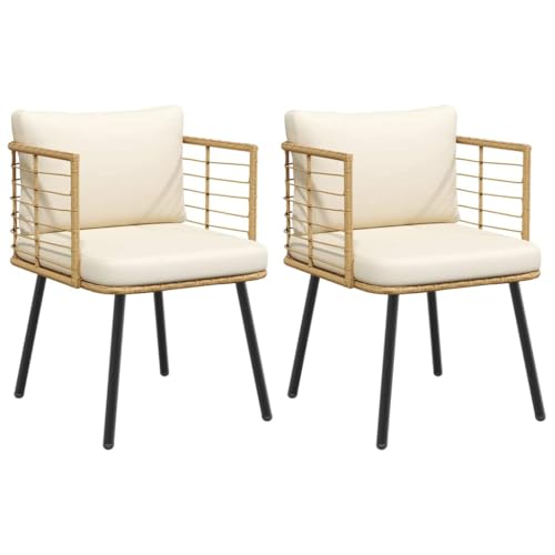 HaoChrymec Gartenstühle 2 STK. mit Kissen aus Natur Poly Rattan, Stabiles Metallgestell, Komfortable Armlehnen, Relaxsessel Garten, Balkon Stuhl, Garten Möbel Set, Cremeweiß, 60x65x76 cm von HaoChrymec