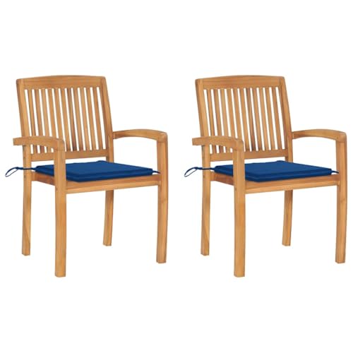 HaoChrymec Gartenstühle 2 STK. mit Königsblauen Kissen, Massivholz Teak, Stapelbar, Witterungsbeständig, Relaxsessel Garten, Balkon Stuhl, Gartenmöbel Set, 60 x 57.5 x 90 cm von HaoChrymec