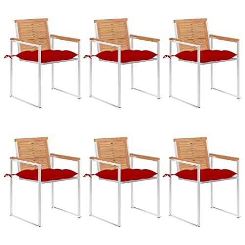 HaoChrymec Gartenstühle 6 STK. mit Kissen aus Massivholz Teak, Edelstahlgestell, Stapelbar, Wetterbeständig, Balkon Stuhl, Gartenmöbel Set, Rot, 60 x 56 x 85 cm von HaoChrymec