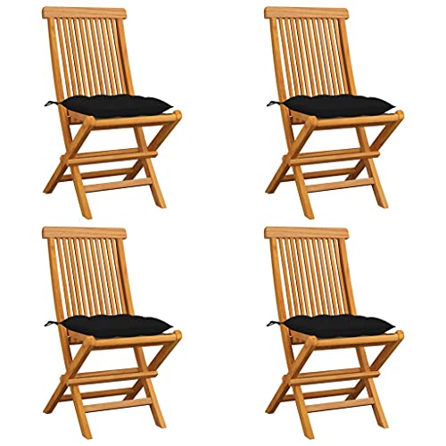 HaoChrymec Gartenstühle mit Schwarzen Kissen 4 STK. Massivholz Teak, Klappbare Gartenstühle, Gartenmöbel Set, Relaxsessel Garten, Balkon Stuhl, Schwarz, 47 x 60 x 89 cm von HaoChrymec