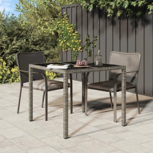 HaoChrymec Gartentisch aus Poly Rattan mit Gehärtetem Glas, Wetterfest, Pulverbeschichteter Stahl, Balkon Tisch, Beistelltisch Garten, Loungetisch Outdoor, Grau, 90 x 90 x 75 cm von HaoChrymec