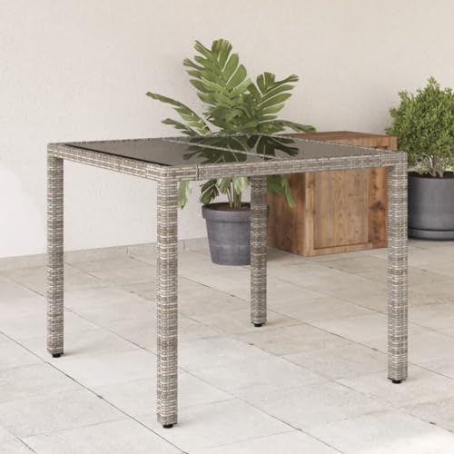 HaoChrymec Gartentisch mit Glasplatte, Grau, PE-Rattan, Pulverbeschichteter Stahl, Robuster Rahmen, UV-beständig, Beistelltisch Garten, Loungetisch Outdoor, 90 x 90 x 75 cm von HaoChrymec