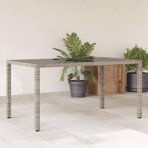 HaoChrymec Gartentisch mit Glasplatte Grau 150x90x75 cm, PE-Rattan, Pulverbeschichteter Stahlrahmen, Robuste und Wetterfeste Tischplatte, Balkon Tisch, Beistelltisch Outdoor, Gartenmöbel für Terrasse von HaoChrymec