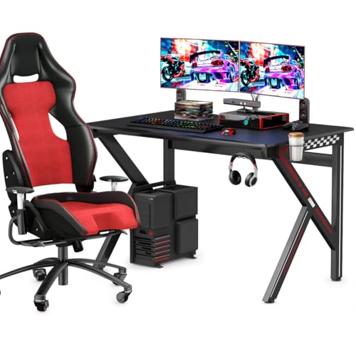HaoChrymec K-förmiger Gamingtisch mit Kopfhörerhaken, Tassenhalter und Kabelmanagement, Ergonomischer Computertisch, PC Schreibtischs, Schreibtisch Jugendzimmer, Schwarz, 115 x 75 x 76 cm von HaoChrymec