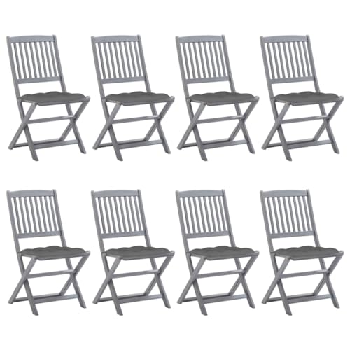HaoChrymec Klappbare Gartenstühle 8 STK. mit Kissen aus Massivholz Akazie, Stapelbar, Witterungsbeständig, Gartenmöbel Set, Balkonstühle, Terrassenstuhl Außen, Grau, 48.5 x 57 x 91 cm von HaoChrymec