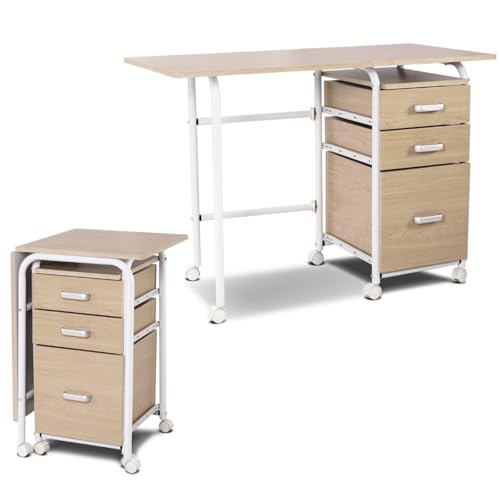 HaoChrymec Klappbarer Computertisch mit 3 Schubladen, Schreibtisch mit Stauraum und Rädern, Multifunktionaler Tisch für Schlafzimmer, Wohnzimmer, Büro, Natur, 105 x 50 x 75 cm von HaoChrymec