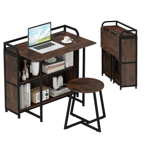 HaoChrymec Klappschreibtisch mit Hocker, Computertisch mit eingebauter Stromstation, Regalen & Metallrahmen, PC Schreibtischs, Schreibtisch Klappbar, 90 x 55 x 83 cm, Braun HaoChrymec Klappschreibtisch mit Hocker, Computertisch mit eingebauter Stromstation, Regalen & Metallrahmen, PC Schreibtischs, Schreibtisch Klappbar, 90 x 55 x 83 cm, Braun von HaoChrymec