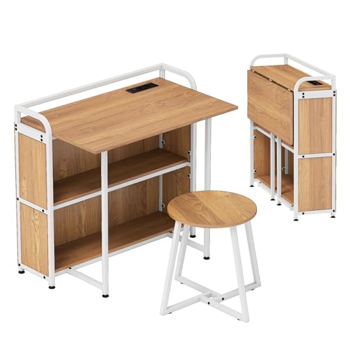 HaoChrymec Klappschreibtisch mit Hocker, Computertisch mit eingebauter Stromstation, Regalen & Metallrahmen, PC Schreibtischs, Sekretär Schreibtisch, 90 x 55 x 83 cm, Natur HaoChrymec Klappschreibtisch mit Hocker, Computertisch mit eingebauter Stromstation, Regalen & Metallrahmen, PC Schreibtischs, Sekretär Schreibtisch, 90 x 55 x 83 cm, Natur von HaoChrymec