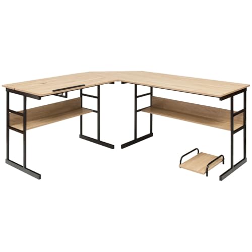 HaoChrymec L-förmiger Schreibtisch mit Neigbarer Tischplatte, Bücherregal & CPU-Ständer, Gaming Schreibtischs, Büro Schreibtisch, Eckschreibtisch für Jugendzimmer, Natur, 170 x 150 x 75 cm von HaoChrymec