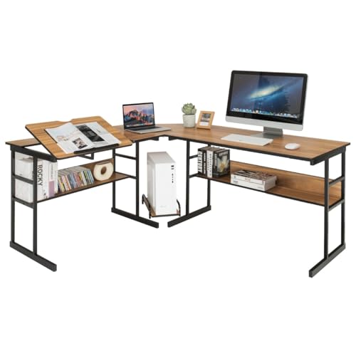 HaoChrymec L-förmiger Schreibtisch mit neigbarer Tischplatte, Bücherregal und CPU-Ständer, Gaming Schreibtisch für Büro und Zuhause, Eckschreibtisch, Walnuss, 170 x 150 x 75 cm HaoChrymec L-förmiger Schreibtisch mit neigbarer Tischplatte, Bücherregal und CPU-Ständer, Gaming Schreibtisch für Büro und Zuhause, Eckschreibtisch, Walnuss, 170 x 150 x 75 cm von HaoChrymec
