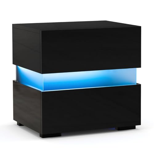HaoChrymec LED Nachttisch mit 2 Schubladen, Fernbedienung, Dynamisch/Statisch Beleuchtet Nachtschrank, Smart Nachttisch für Schlafzimmer, Kommode mit LED, Schwarz, 45 x 35 x 45 cm von HaoChrymec