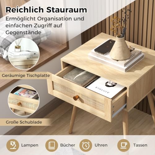 HaoChrymec Nachttisch Rattan mit Schublade und Massivholzbeinen, Side Table für Schlafzimmer, Kommode mit Rattan-Design, Natur, 48 x 40 x 58 cm HaoChrymec Nachttisch Rattan mit Schublade und Massivholzbeinen, Side Table für Schlafzimmer, Kommode mit Rattan-Design, Natur, 48 x 40 x 58 cm von HaoChrymec