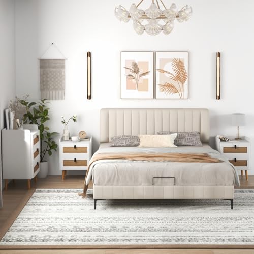 HaoChrymec Nachttisch mit 2 Schubladen, Massivholzbeine Nachtkommode im Boho-Stil, Side Table für Schlafzimmer, Kommode mit Schubladen, Weiß und Natur, 45 x 40 x 57 cm HaoChrymec Nachttisch mit 2 Schubladen, Massivholzbeine Nachtkommode im Boho-Stil, Side Table für Schlafzimmer, Kommode mit Schubladen, Weiß und Natur, 45 x 40 x 57 cm von HaoChrymec