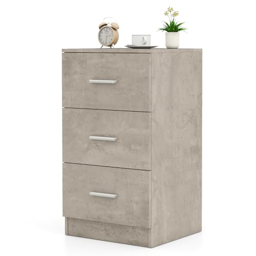 HaoChrymec Nachttisch mit 3 Schubladen, Hochglanz Nachtkommode, Modernes Design, Kommode mit Schubladen, Side Table Bedroom, Zementgrau, 37 x 34 x 66,5 cm von HaoChrymec