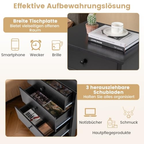 HaoChrymec Nachttisch mit 3 Schubladen, Nachtschrank für Boxspringbett, Kommode Schlafzimmer, Side Table für Schlafzimmer, Kleiner Beistelltisch, Schwarz, 56 x 45 x 66 cm von HaoChrymec