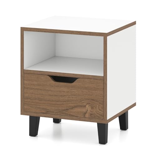 HaoChrymec Nachttisch mit Offenem Fach und Schublade, Kleiner Beistelltisch, Nachtkommode, Kommode mit Schubladen, Side Table für Schlafzimmer, Natur + Weiß, 37 x 33 x 44 cm von HaoChrymec