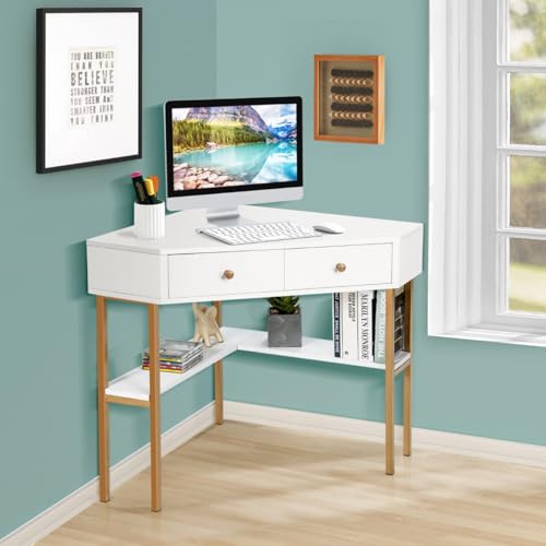 HaoChrymec Platzsparender Eck Schreibtisch mit 2 Großen Schubladen und Ablagefläche für Kleine Räume, Schreibtisch mit Stauraum, PC Schreibtischs, Gaming Tisch, Weiß, 70.5 x 70.5 x 75 cm HaoChrymec Platzsparender Eck Schreibtisch mit 2 Großen Schubladen und Ablagefläche für Kleine Räume, Schreibtisch mit Stauraum, PC Schreibtischs, Gaming Tisch, Weiß, 70.5 x 70.5 x 75 cm von HaoChrymec