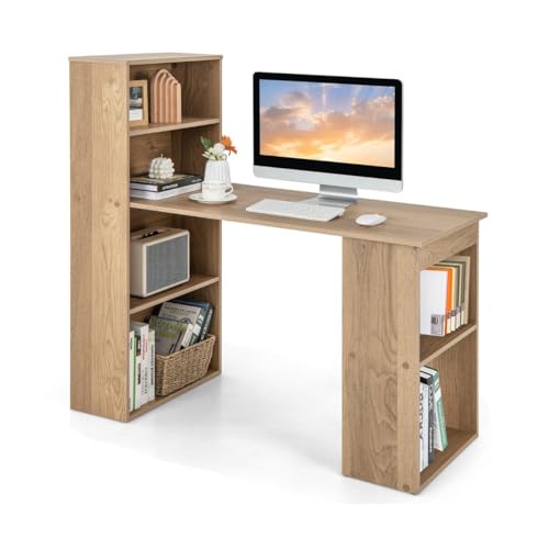 HaoChrymec Schreibtisch mit Bücherregal, Computertisch mit 6 Regalen, PC-Tisch mit Regal, Multifunktionaler Schreibtisch für Büro, Jugendzimmer, Kinderzimmer, Natur, 121,5 x 51,5 x 120 cm von HaoChrymec