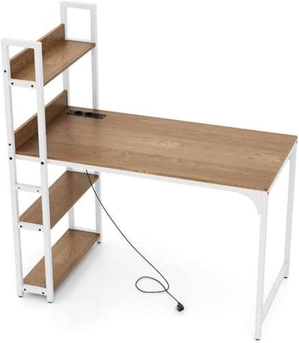 HaoChrymec Schreibtisch mit Ladestation und offenem Bücherregal, PC Schreibtischs mit Metallrahmen, Gaming Schreibtischs für Home Office, Schreibtisch Jugendzimmer, Braun, 120 x 65 x 130 cm von HaoChrymec