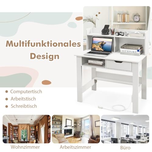 HaoChrymec Schreibtisch mit Steckdosen, Kleiner Computertisch mit Aufsatz, 2 USB-Anschlüssen und Typ-C-Anschluss, Weiß, 95 x 56 x 109.5 cm HaoChrymec Schreibtisch mit Steckdosen, Kleiner Computertisch mit Aufsatz, 2 USB-Anschlüssen und Typ-C-Anschluss, Weiß, 95 x 56 x 109.5 cm von HaoChrymec