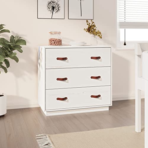 HaoChrymec Sideboard aus massivem Kiefernholz, 3 Schubladen, rustikales Design, Stauraumschrank, Wohnzimmermöbel, Weiß, 80 x 40 x 75 cm von HaoChrymec