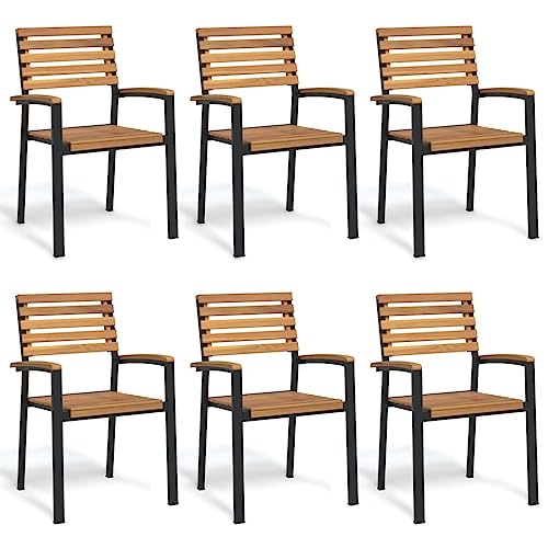 HaoChrymec Stapelbare Gartenstühle 6 STK. aus Massivholz Akazie und Metall, Pulverbeschichteter Metallrahmen, Komfortable Armlehnen, Gartenmöbel Set, Balkon Stuhl, 56 x 54.5 x 87 cm von HaoChrymec