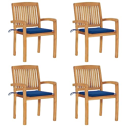 HaoChrymec Stapelbare Gartenstühle mit Kissen 4 STK. Massivholz Teak, Witterungsbeständig, Komfortable Balkonstühle für Außen, Relaxsessel Garten, Gartenmöbel Set, Königsblau, 60 x 57.5 x 90 cm von HaoChrymec